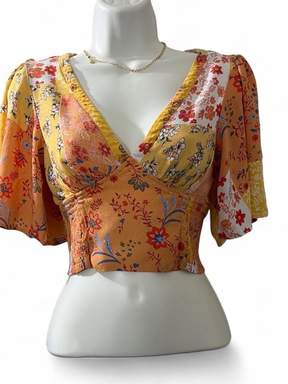 Forever 21 Floral Patchwork V-Neck Crop Top in Mustard